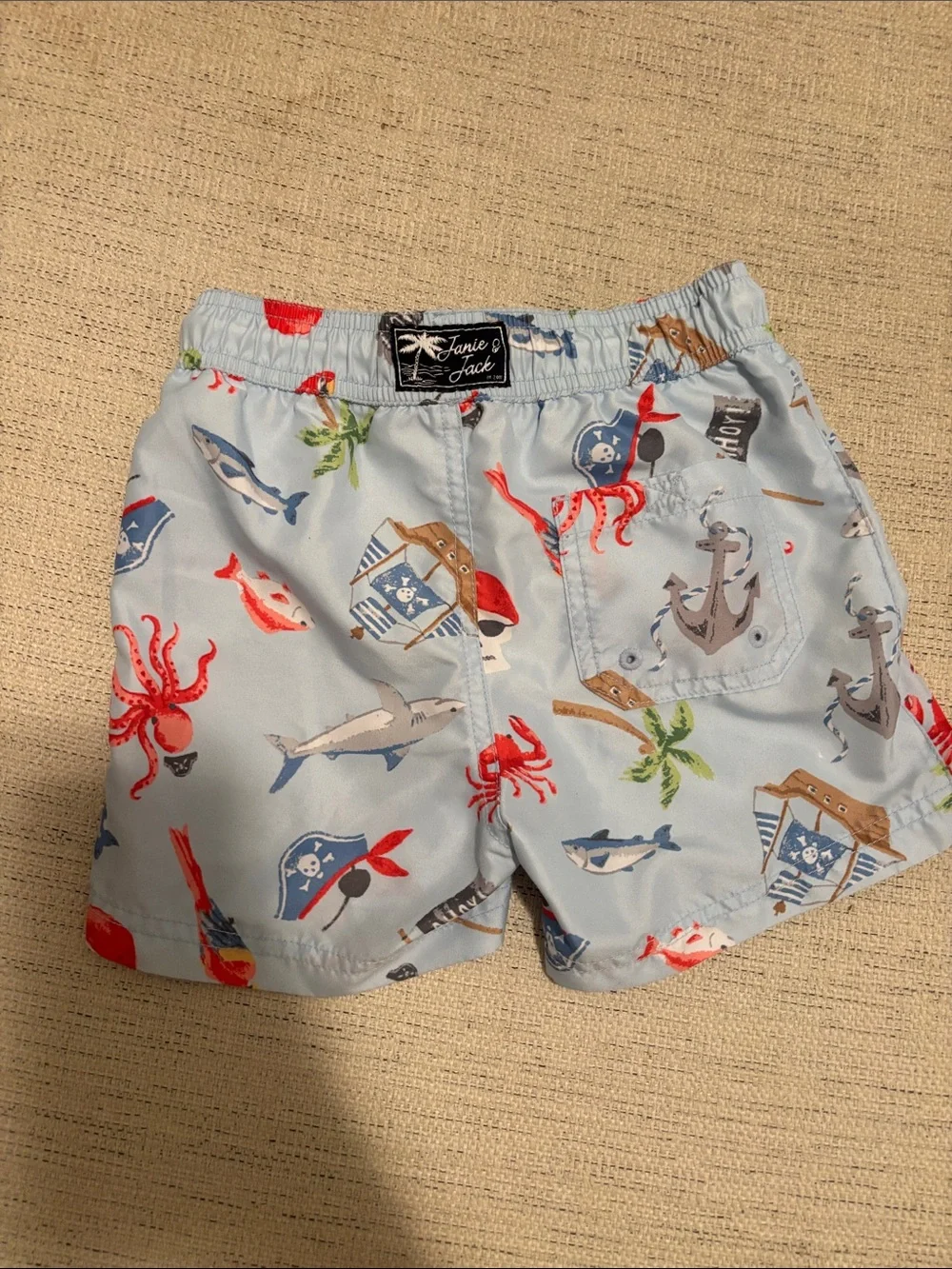 Janie and Jack Light Blue Pirate & Tropical Print Swim Trunks